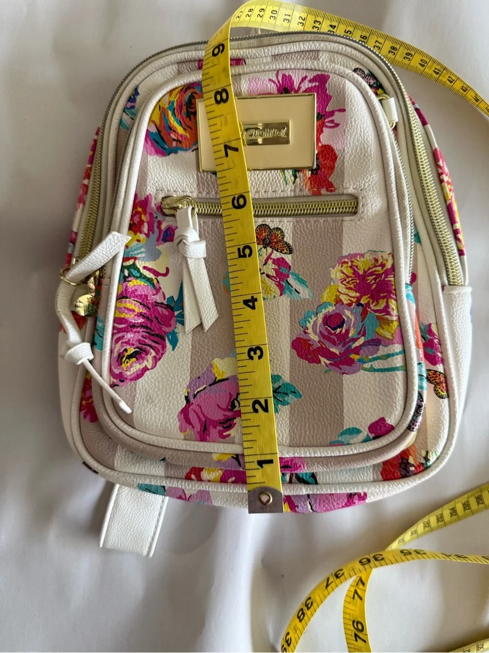 Betsey Johnson White Floral Mini Backpack with Pink & Teal Accents